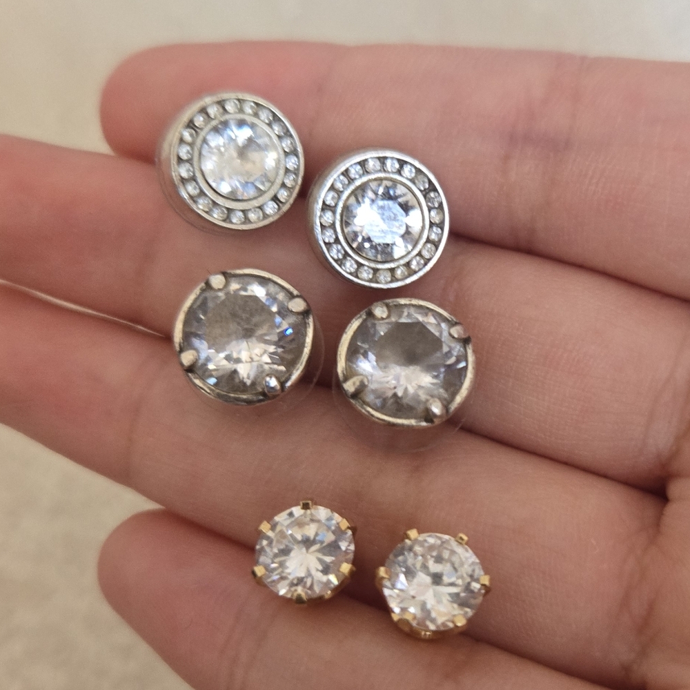 Silver Rhinstone Stud Earrings Bundle Of 3 Pairs (Costume Jewelry)